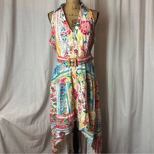 a.peach Tropical Print High Low Tiered Dress Floral Multicolor With Belt Sz M